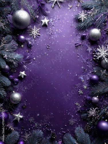 A vibrant scene filled with festive decorations showcases rich purple and shimmering silver elements. Pine branches, stars, and ornaments create a magical winter atmosphere, perfect for celebration.