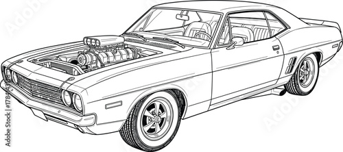 Classic American muscle car line art, supercharged engine, vintage coupe, retro wheels, aggressive stance, detailed automotive illustration