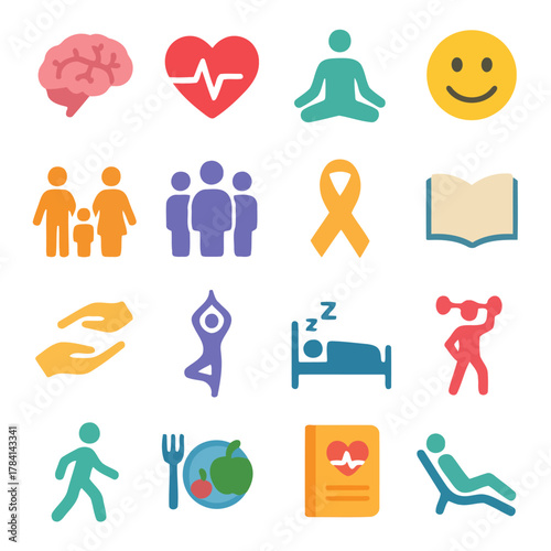 Health and Wellness Icon Set: A vibrant collection of icons representing various aspects of health and well-being, promoting a holistic approach to a healthy life.