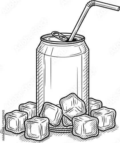 Cold soda can with straw surrounded by ice cubes, refreshing beverage sketch, blue line art illustration, chill drink