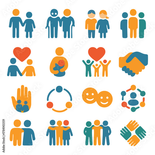 Harmony and Connection: A collection of vibrant icons representing unity, support, and the bonds between individuals and groups. Embodying themes of community, care, and collaboration.