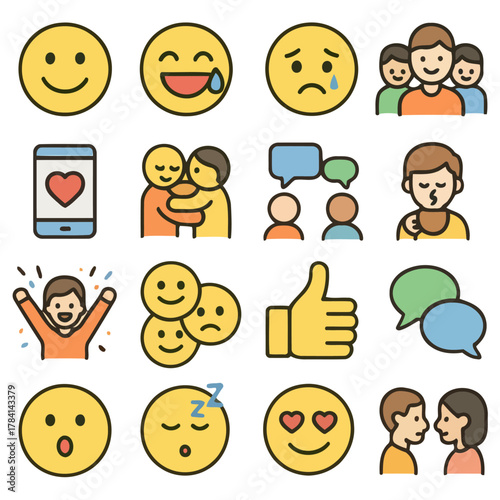 Digital Emotions: A collection of various emoticons, each conveying a different mood, from joy and sadness to love and laughter, offering a versatile range of expressions for digital communication.