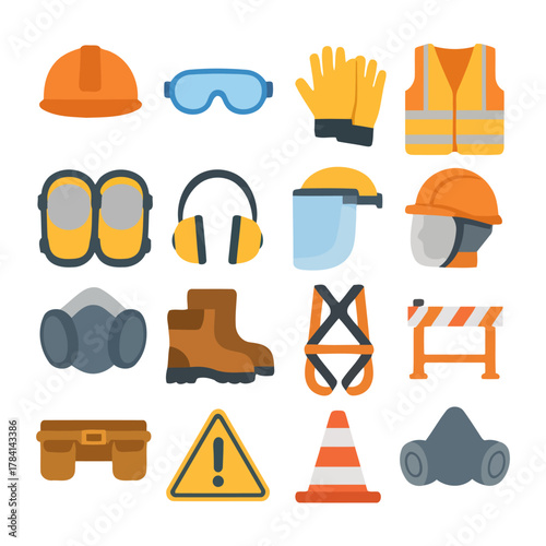 Safety Gear Collection: A comprehensive compilation of essential safety equipment, including helmets, goggles, gloves, vests, knee pads, ear defenders, face shields, masks, boots, harnesses.