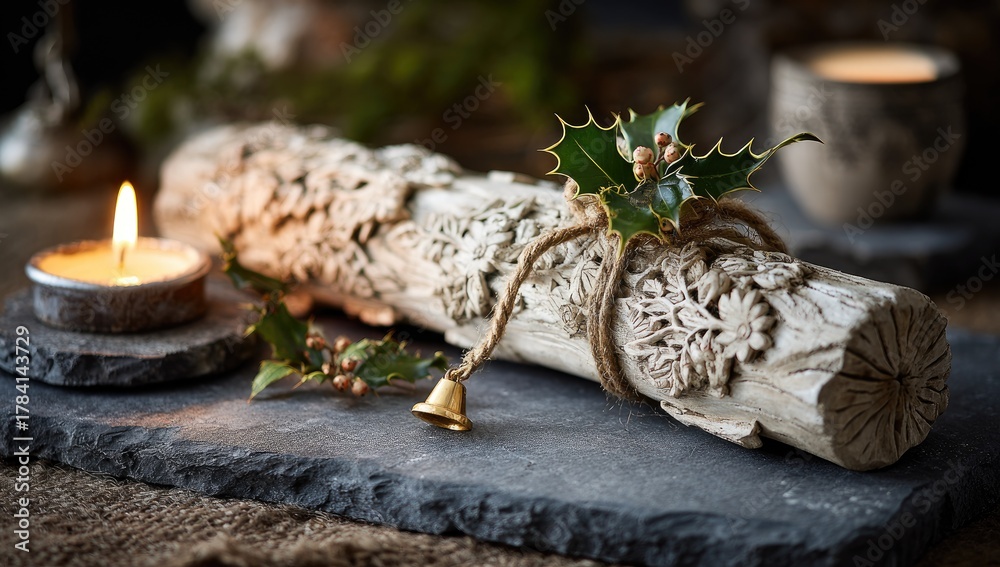 Obraz premium Decorative, light-beige carved log wrapped with twine, holly sprigs, and a small bell, on a dark gray stone surface with a candle