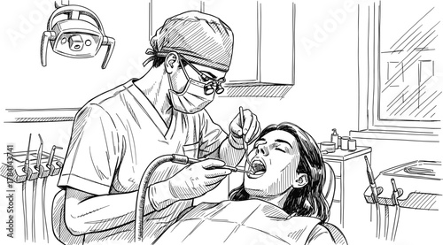 Dentist performing dental procedure, patient in clinic chair, oral care, hygiene, medical treatment, healthcare professional, sterile environment