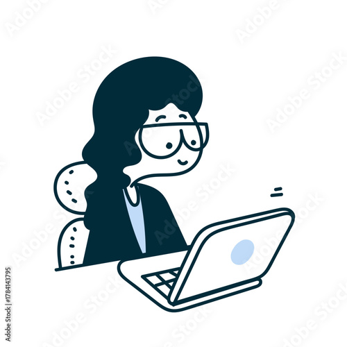 cute woman working on laptop cartoon hand drawn style