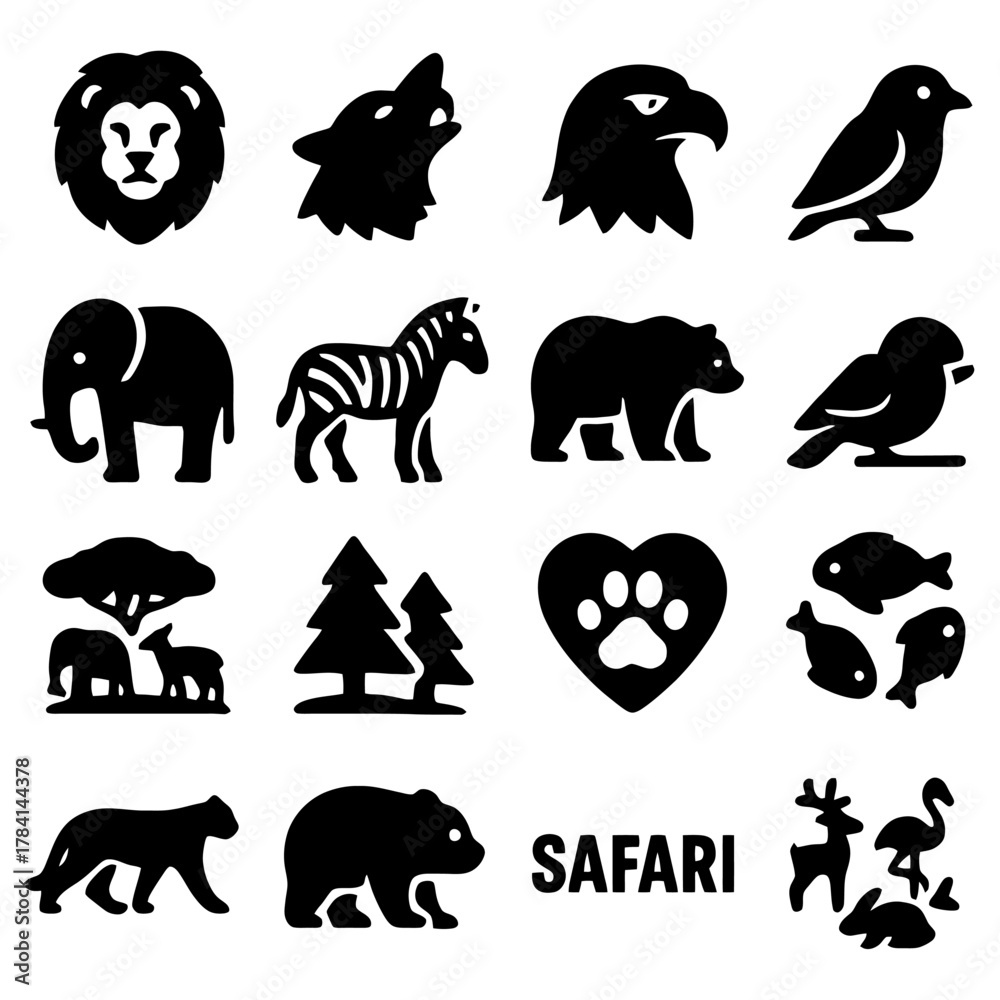 Naklejka premium Wildlife Silhouette Collection: A diverse collection of expertly crafted animal silhouettes, perfect for adding a touch of the wild to any project.