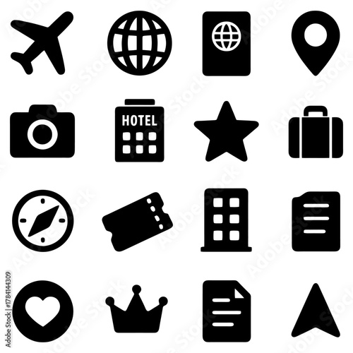 Travel Icons: A collection of travel-related icons, perfect for representing various aspects of travel, including destinations, transportation, and essentials.