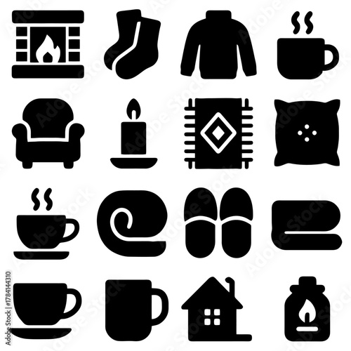 Cozy Comfort Essentials:  A compilation of comforting symbols, from the warmth of a fireplace to the solace of a cup, evokes relaxation and the essence of home. 