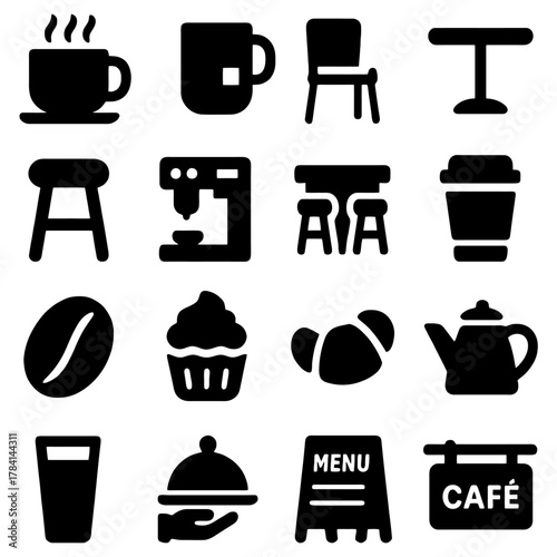 Cafe Icon Set: A comprehensive collection of iconic symbols representing a cafe, including coffee cups, tables, chairs, and baked goods, perfect for any design project.