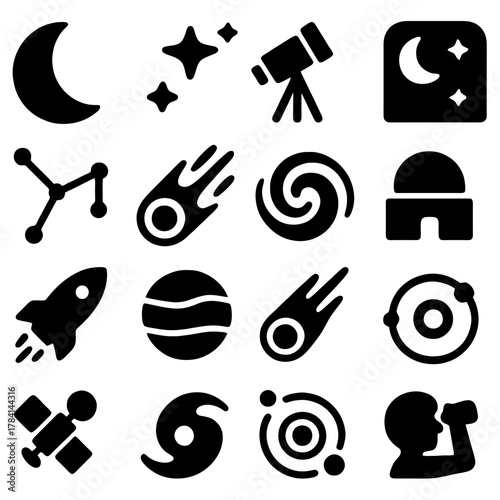 Celestial Exploration: Illustrated icons representing the mysteries of the cosmos, from the moon to distant galaxies. These graphics capture the essence of space exploration and astronomical concepts.