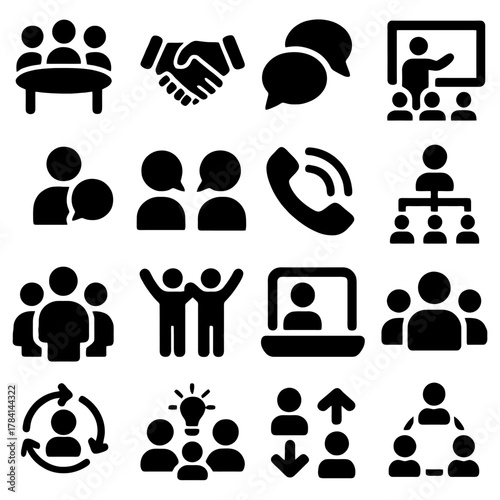 Business Communication Icons: A curated collection of crisp black icons, each a symbol of the interconnectedness, cooperation, and collective endeavors that define the contemporary world of commerce.