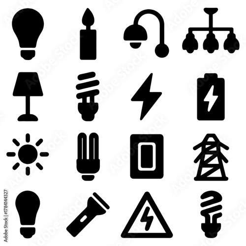 Illumination Icons: A comprehensive array of modern icons, representing diverse elements of lighting, from the warmth of a candle to the innovation of energy-efficient bulbs.