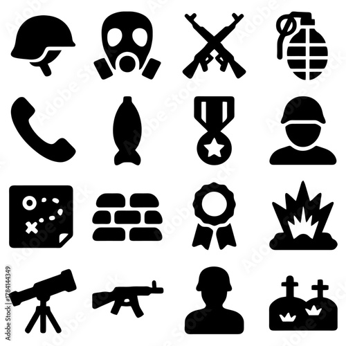 Military Icon Set: A comprehensive collection of military-themed icons, representing diverse facets of warfare, including weaponry, gear, and combat scenarios. Perfect for design projects.
