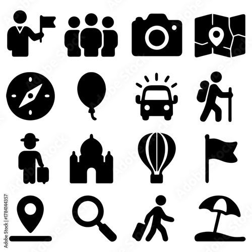 Iconic travel concept: A collection of meticulously crafted travel icons, each depicting essential elements of exploration and adventure, inviting viewers to embark on a journey of discovery.