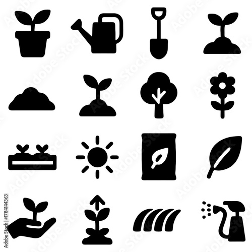 Garden Icons: A collection of simple, yet charming, garden icons depicting the essentials of nurturing life from seed to bloom. These silhouettes represent growth, care.