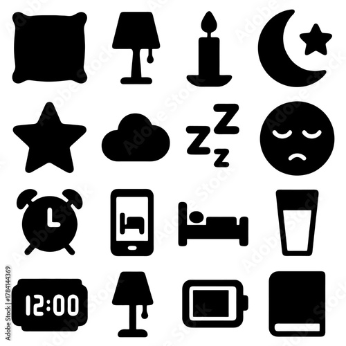 Sleep Essential Icons: A symbolic set of sleep icons representing essential elements for a peaceful and restful night. 
