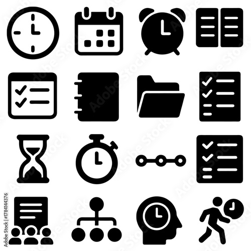 Time Management Icon Set: A collection of various icons representing time management concepts, perfect for business and organizational use, including clocks, calendars, and checklists.