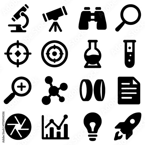 Science tools: A collection of various science icons and objects displayed for scientific and experimental research and discovery.