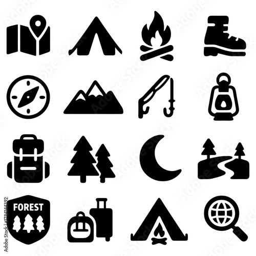 Camping Adventure Icons: An array of camping and adventure icons, perfectly designed for travel, exploring, and outdoor exploration. Each icon represent elements of wilderness and nature.