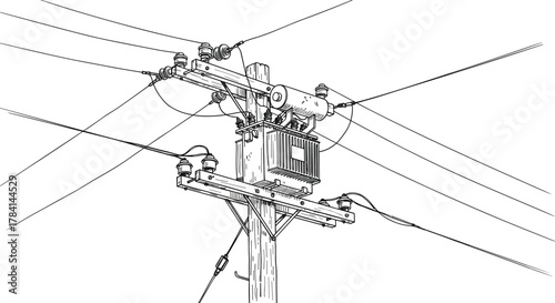 Electrical utility pole with transformer, power lines, insulators, distribution system, blue monochrome, infrastructure, energy, grid, voltage, industrial, outdoor, equipment