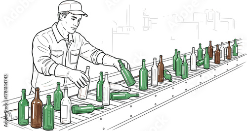 Factory worker sorting glass bottles on conveyor belt, industrial packaging line, manual inspection, bottling process, manufacturing facility