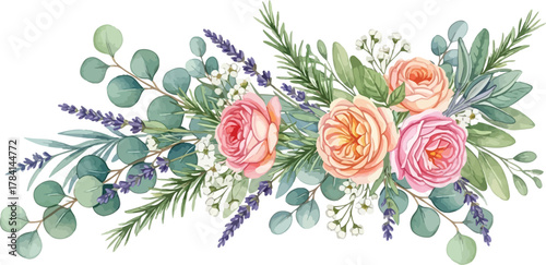 Watercolor floral arrangement with roses eucalyptus lavender and greenery on a white background