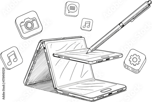 Foldable smartphone, stylus interaction, multitasking device, futuristic technology, digital creativity, mobile innovation, app icons, touchscreen versatility