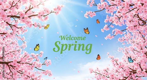 Welcome spring with pink cherry blossom branches framing a bright blue sky and butterflies, creating a vibrant and cheerful springtime scene