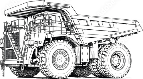 Heavy-duty mining dump truck technical blueprint, industrial vehicle illustration, construction machinery, engineering drawing, rugged transport equipment design