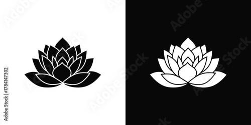 Elegant lotus flower icon in black and white. A clean, minimalist symbol for meditation, yoga, and spiritual wellness concepts