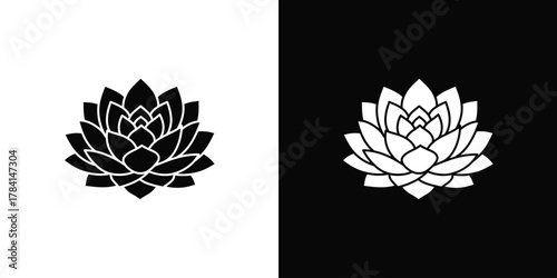 Abstract Lotus Flower Design Icon on Black and White Backgrounds