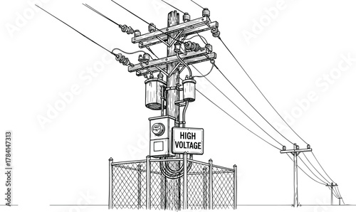 High voltage utility pole, electrical transformer, power distribution system, safety fence, monochrome blueprint, energy infrastructure, schematic illustration