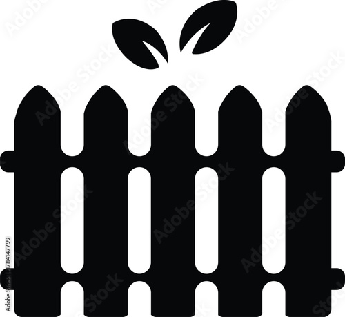 Black picket fence icon with leaves on white background , fence, picket fence, boundary, garden, yard, 