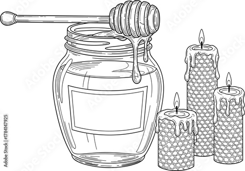 Honey jar, beeswax candles, honey dipper, dripping honey, cozy light, natural product, wellness, organic, rustic, warm glow, handmade, relaxation, spa, healing, golden syrup, eco-friendly
