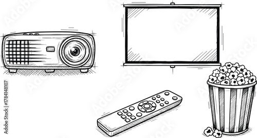 Home theater setup with projector, screen, remote control, popcorn bucket, cozy movie night entertainment concept illustration drawing