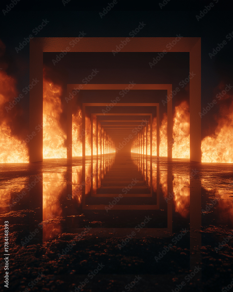 Naklejka premium Endless perspective of fiery frames reflected on wet floor, evoking intensity, forward drive, and ambition