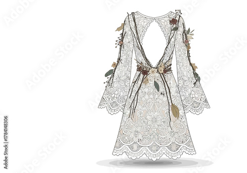 A lacecovered dress with floral accents and an open back stands against a white background