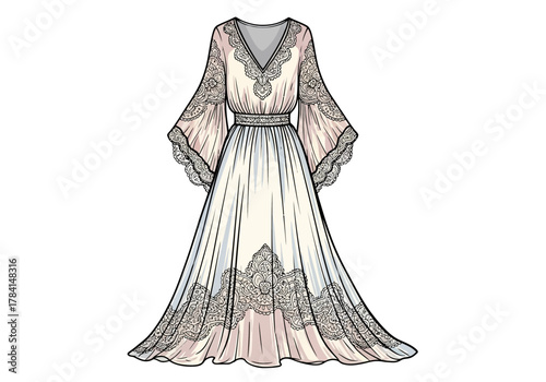 A long flowing dress with a Vneck decorated with lace
