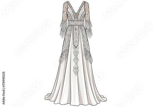 A long white dress with lace details sleeves and fringe accents on the upper arms