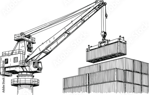 Industrial crane lifting container at shipping yard, cargo logistics, maritime transport, freight infrastructure, global trade operations scene