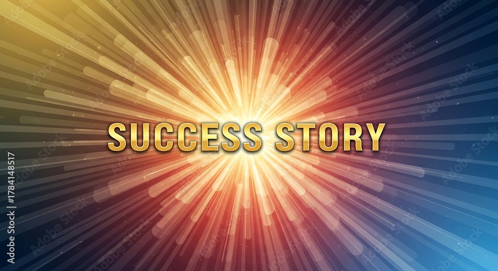 Obraz premium A vibrant burst of light radiates outward, illuminating the words success story in a golden hue, symbolizing achievement and triumph