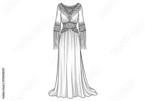 Sketch of a bohemianstyle dress with fringe on the sleeves and decorative embroidery on the bodice and waist