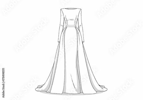 Sketch of a longsleeved gown with a fitted bodice and a full flowing skirt
