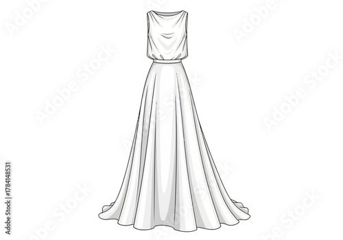 White gown featuring a draped bodice a cinched waist  a flowy skirt cascading to the floor