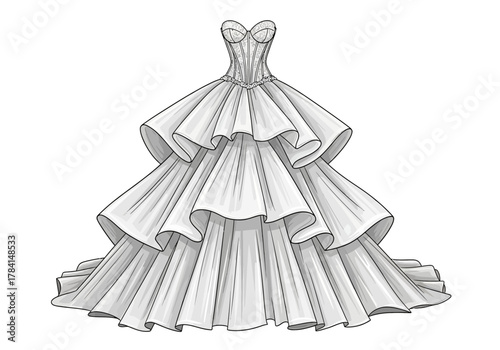 White strapless tiered wedding dress with embroidery and ruffled layers