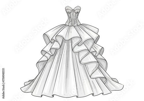 White wedding dress with a corset bodice and tiered ruffled skirt