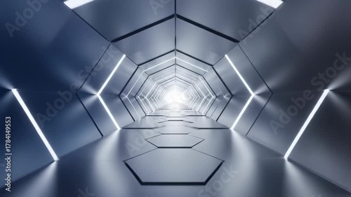 Hexagonal tunnel with white lights reflecting on metallic surfaces A vanishing point of intense light at the tunnels end
