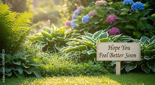 A wooden sign with the message hope you feel better soon in a lush garden with hydrangeas and ferns, conveying sympathy and support