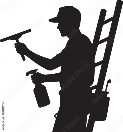 Black silhouette of a window cleaner isolated on white background
